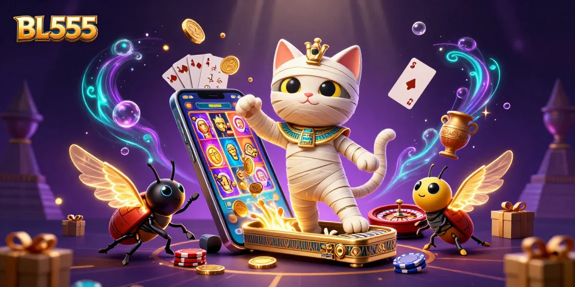 Experience BL555 casino excitement with a vibrant mummy cat, golden wins, and dynamic gameplay!