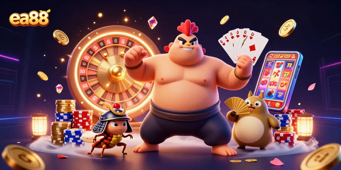 ea88 features an epic sumo rooster, cricket warrior, and tanuki announcer in dynamic casino action