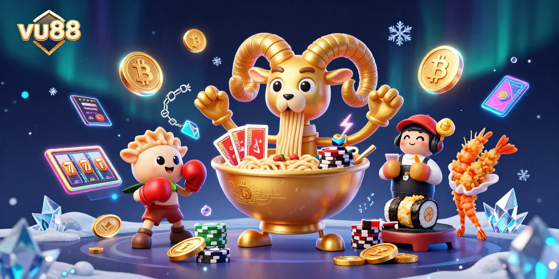 Play slots with vu88, featuring cartoon ramen, crypto elements, and a festive atmosphere.