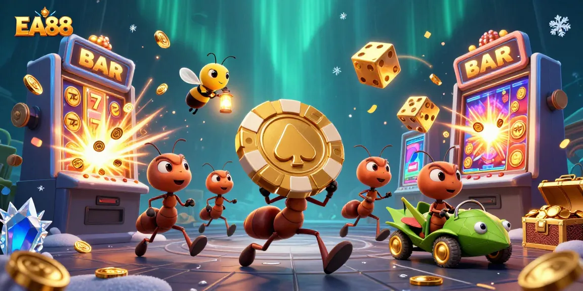 EA88 ants conducting a heist with a golden poker chip amidst a vibrant casino explosion