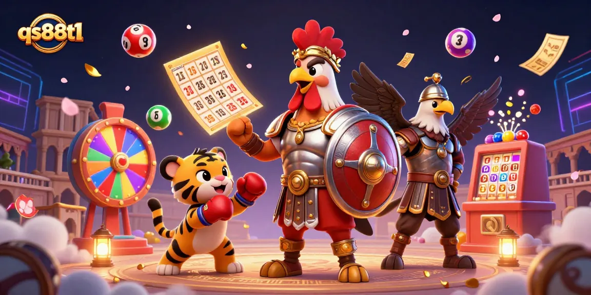 Experience excitement with qs88t1 as a rooster gladiator and friends engage in colorful lottery fun.