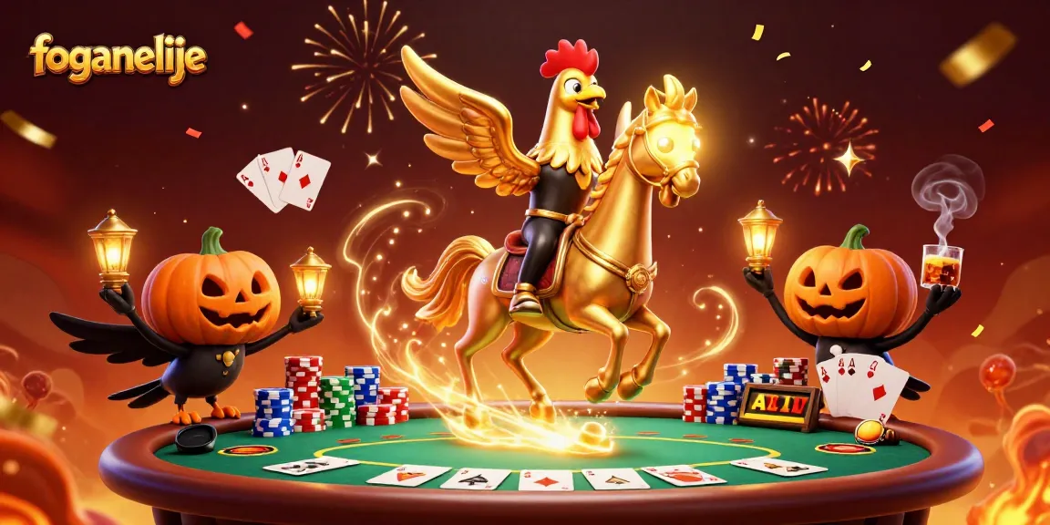 Experience foganelije with a vibrant casino scene featuring a golden rooster and festive elements.