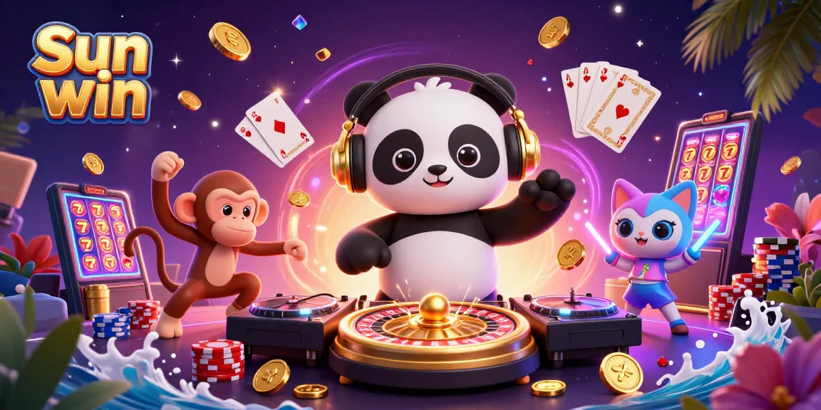 Engage with Sun win as DJ panda spins amidst sparkling gems and coins in a vibrant casino scene.
