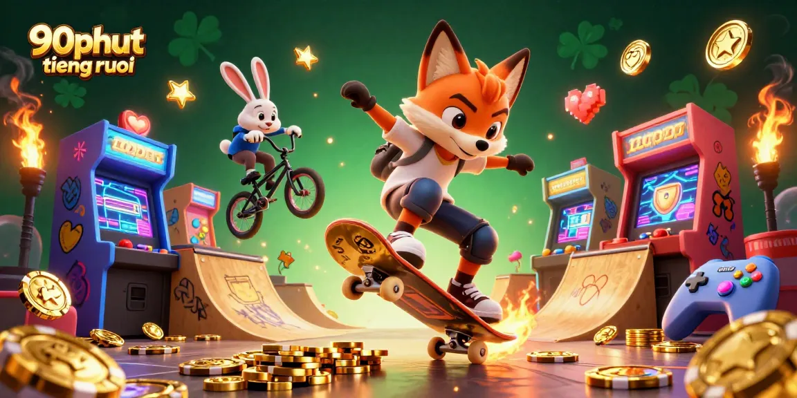 Experience thrilling gaming action with 90phut tiengruoi depicted in vibrant, dynamic 3D illustration.
