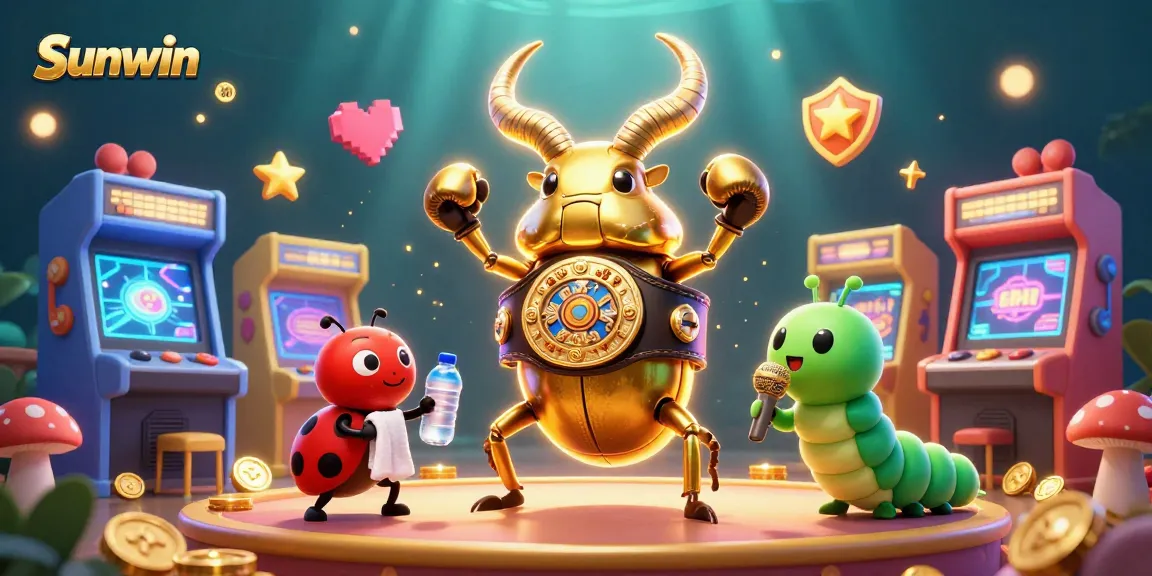 Experience thrilling games at Sunwin with a 3D illustration of a golden stag beetle boxing, amidst casino-inspired elements.