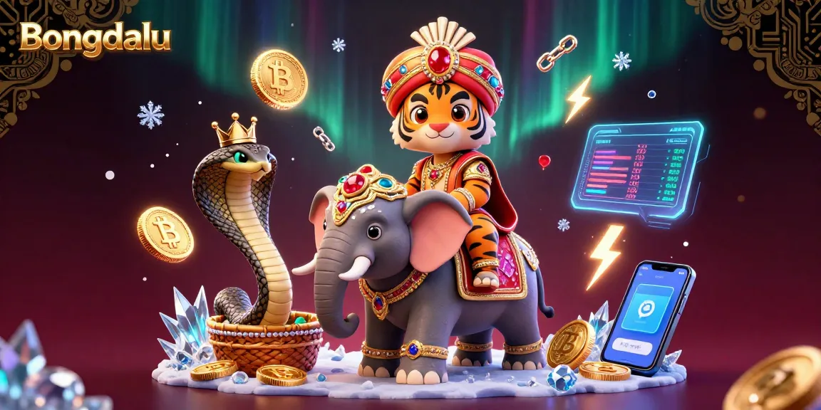 Bongdalu showcases a vibrant digital scene with a cartoon maharaja and elephant surrounded by crypto-themed elements, perfect for sports betting fans.