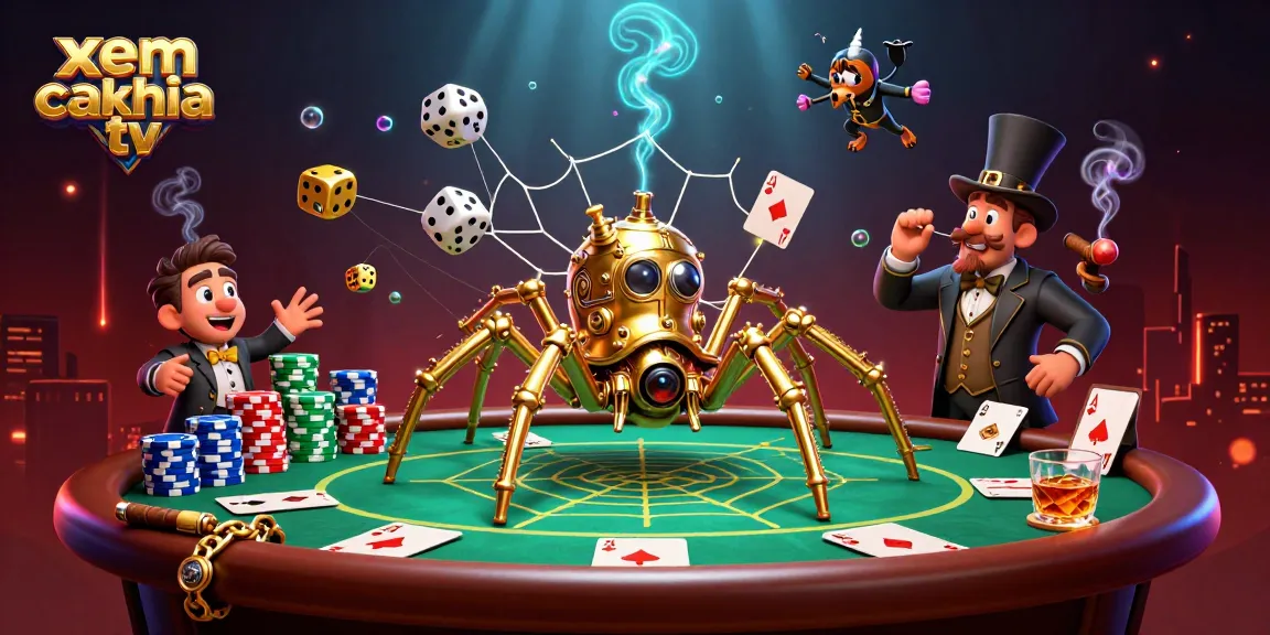 Xem cakhia tv for a thrilling poker night with golden spider weaving intricate webs of luck and dice.