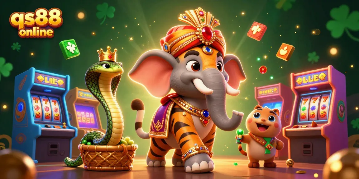 Engage with qs88 online's vibrant gaming experience featuring a majestic elephant and a tiger in a casino setting.