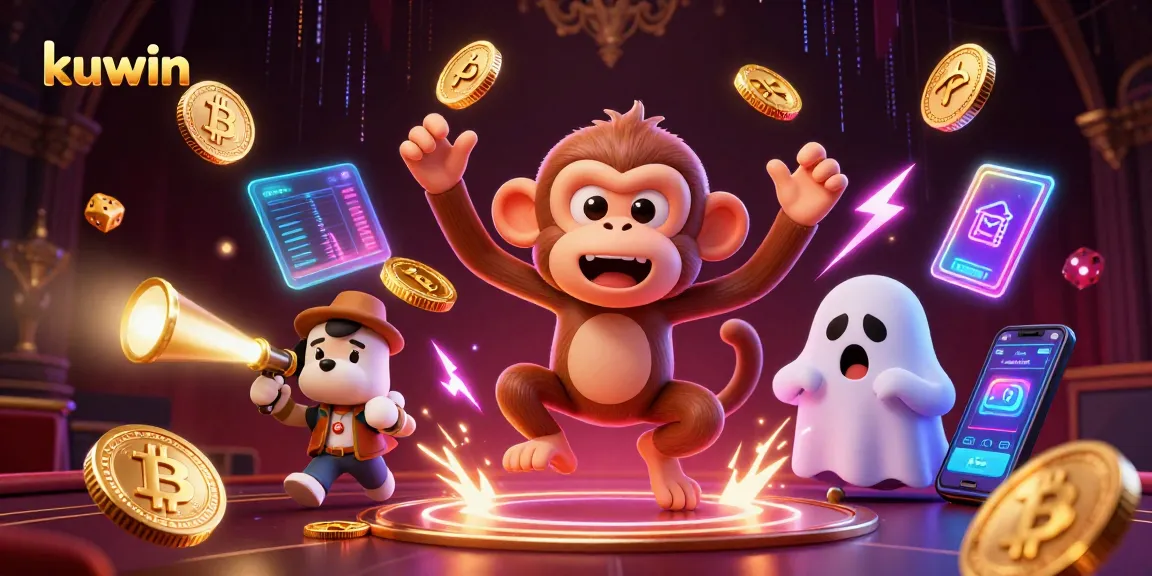 Kuwin casino showcases a fun ghost-hunter puppy tracking a playful invisible monkey juggling coins in a haunted setting.