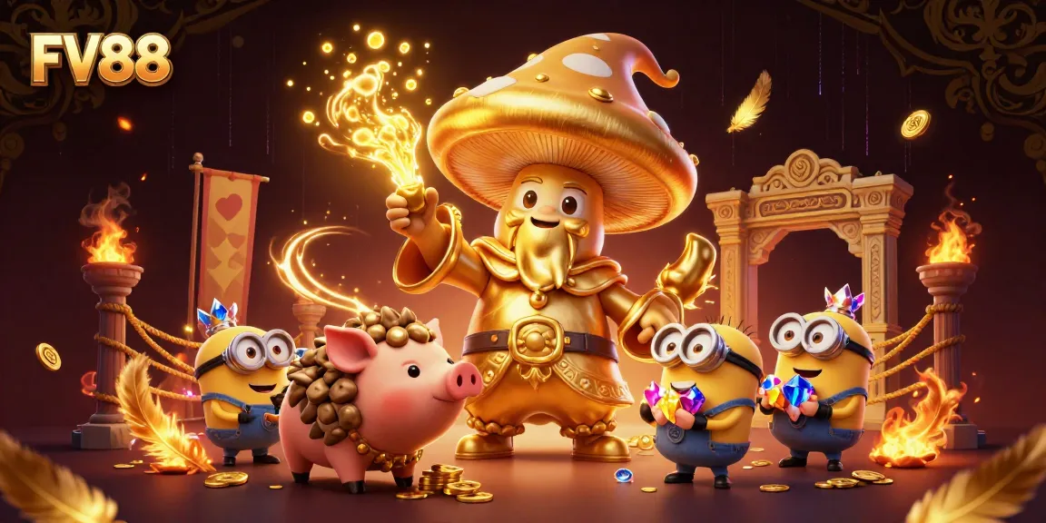 Join the fun at FV88, showcasing golden gaming magic with animated characters and vibrant casino elements.