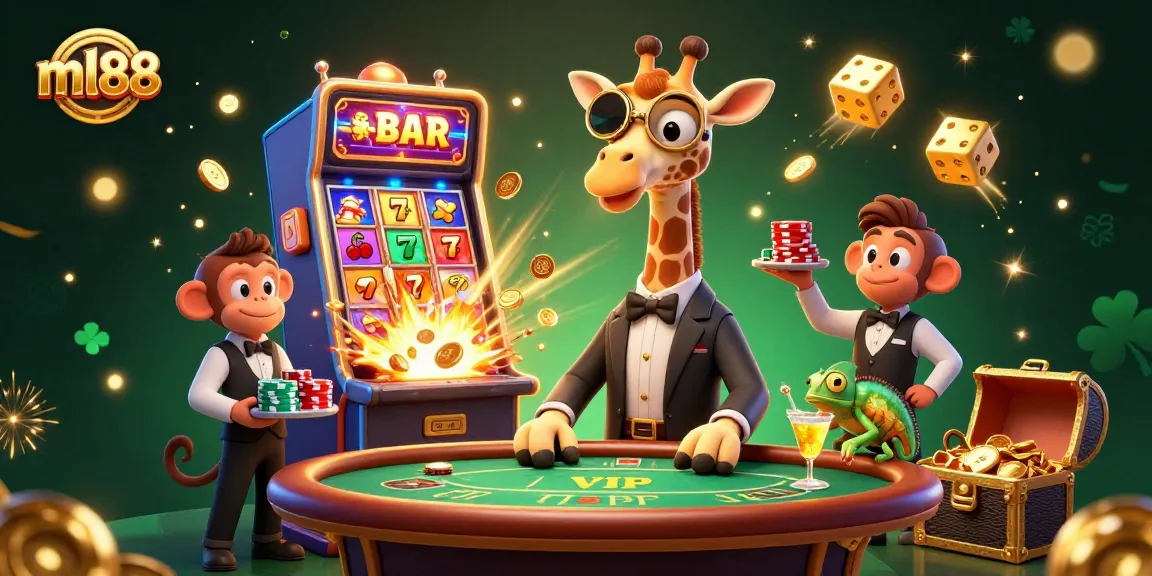 Experience the excitement of ml88 with high-roller characters in a casino-themed illustration, showcasing vibrant game elements.