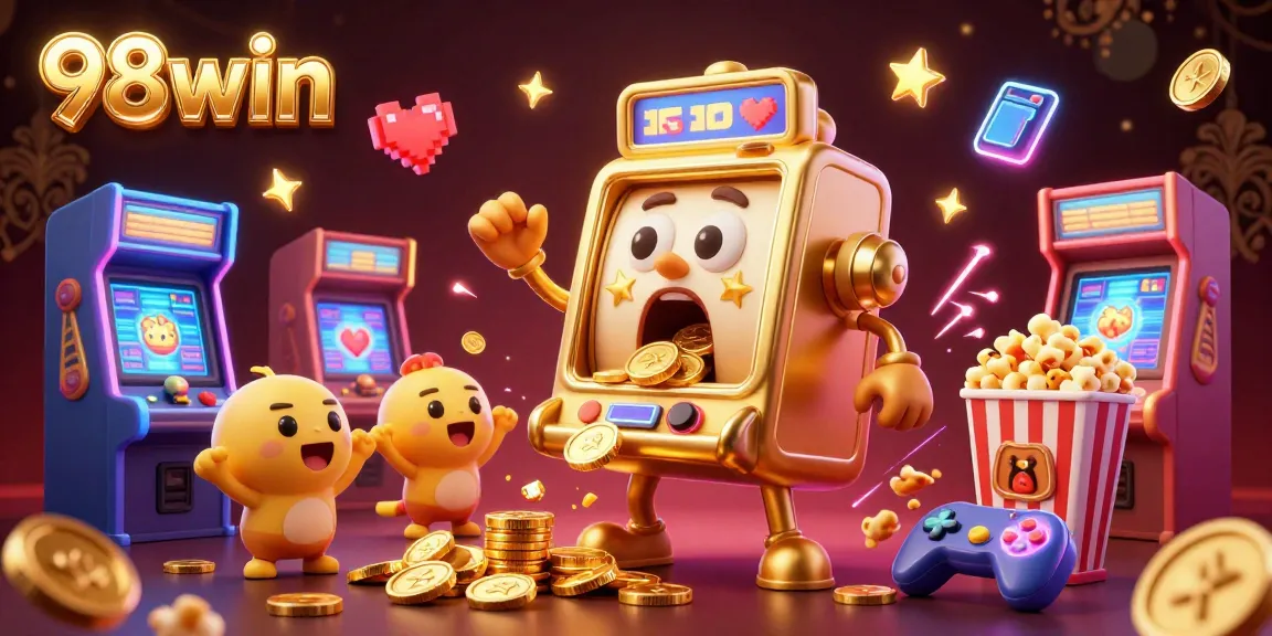 Experience the thrill of winning jackpots with 98win's dynamic gaming illustration, featuring vibrant slot machines.