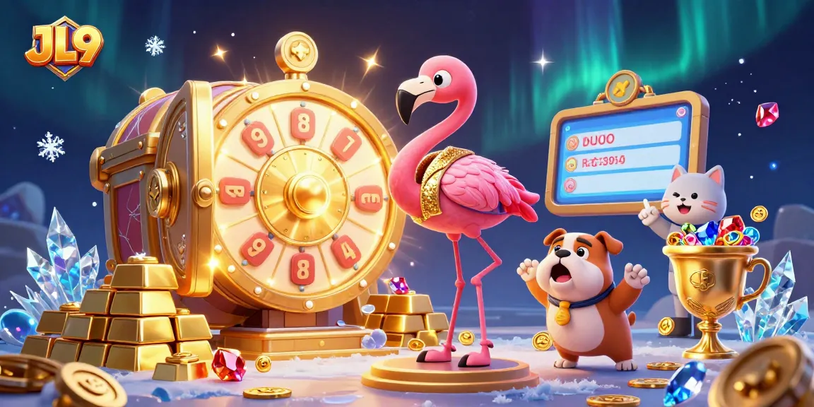 JL9 casino illustration showcasing a flamingo game show host spinning a prize wheel with treasure elements.