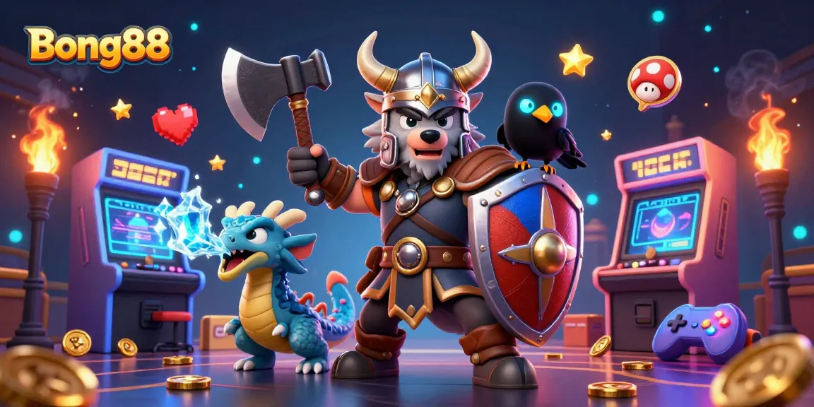 Bong88 offers a thrilling illustration featuring a Viking warrior, dragon, and raven gaming in a dynamic casino setting.