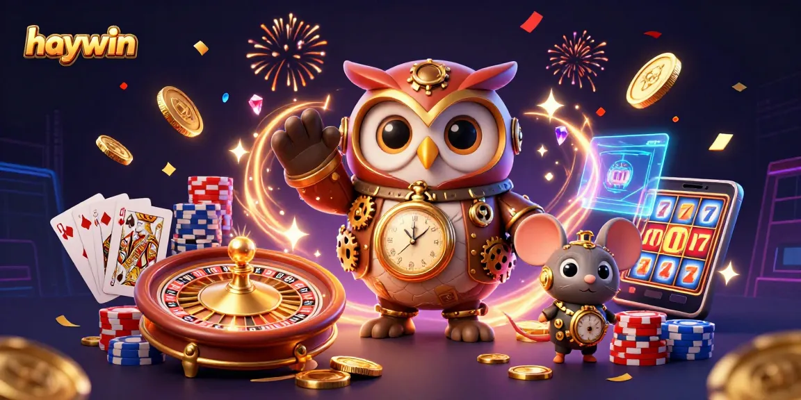 Win big with haywin's vibrant 3D illustration of casino fun featuring a time-traveler owl.