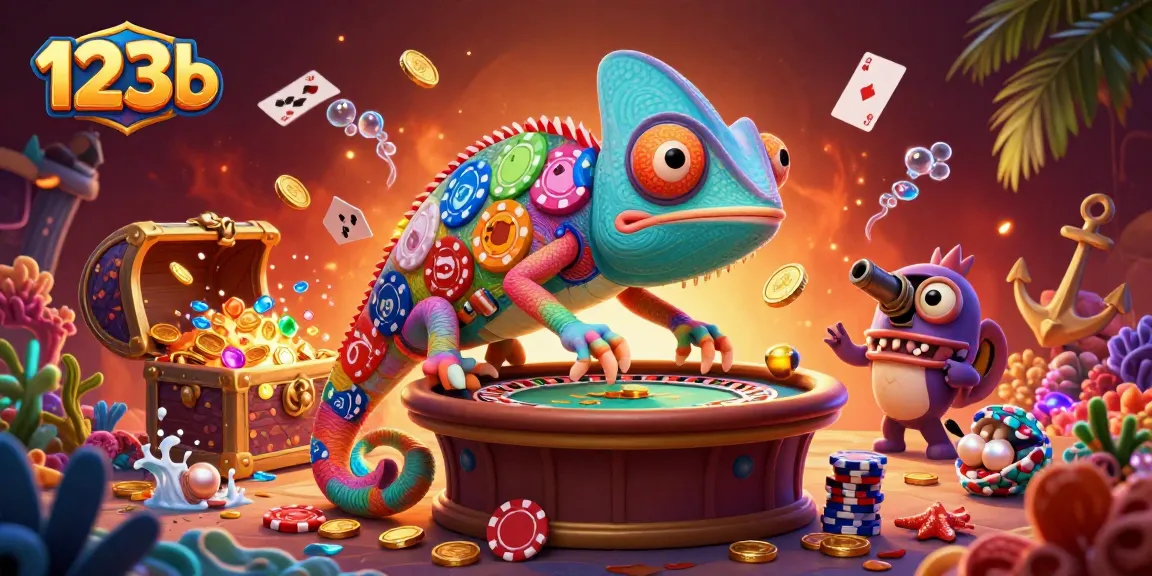 Experience the excitement at 123b with a vibrant casino scene featuring a colorful chameleon and dynamic game elements.