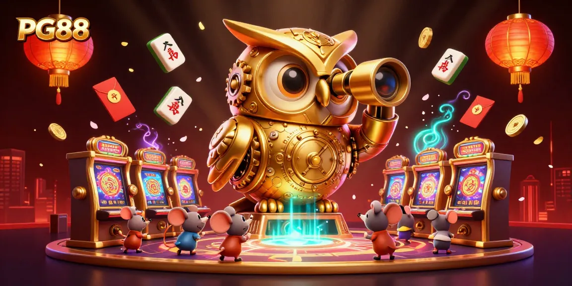 Experience PG88's vibrant casino world with a captivating clockwork owl and bustling mouse patrons.