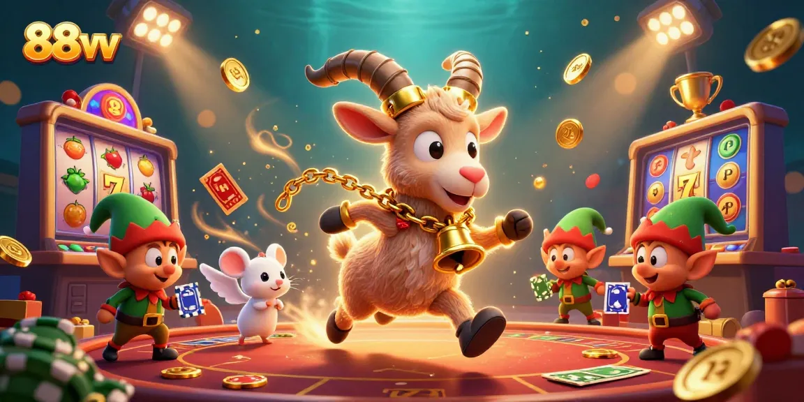Experience the thrilling casino atmosphere of 88vv with Krampus and festive characters amidst vibrant slot reels and jackpots.