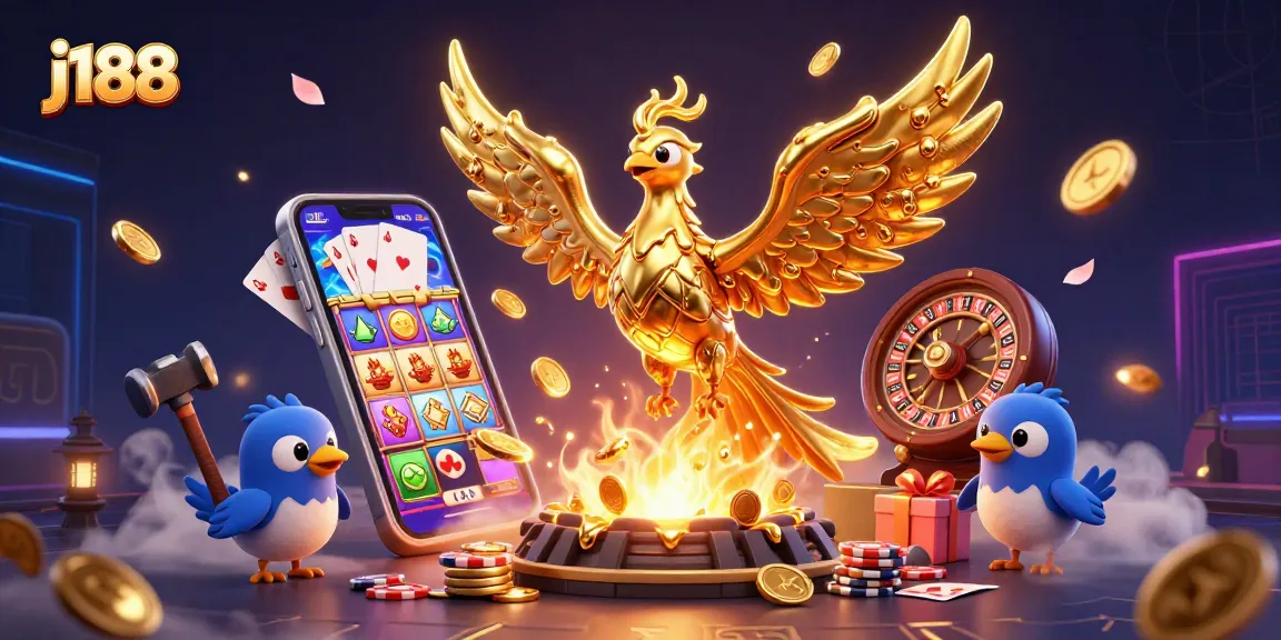 Spin vibrant j188 slots as golden coins fall from a phoenix in a dazzling 3D casino scene.