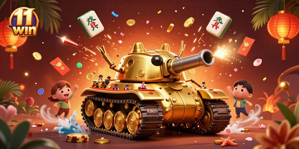 Engage with 11 win in a colorful casino scene featuring a cartoon beetle tank and festive game elements.