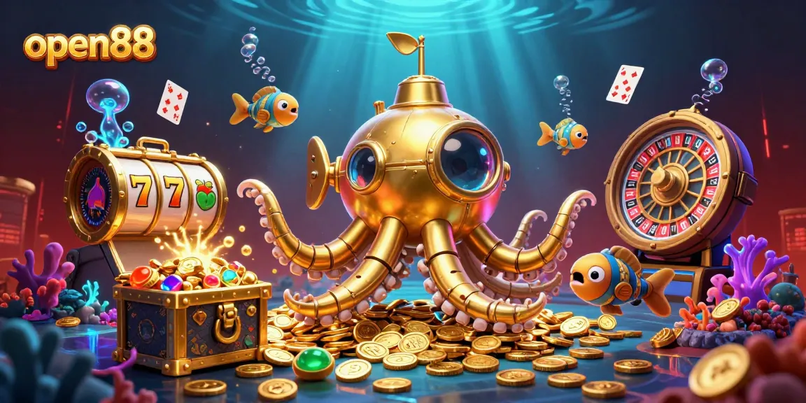 Experience thrilling gameplay at open88 with a dynamic scene of slot reels and a golden kraken.