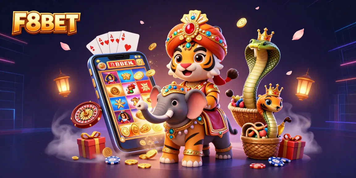 Experience the excitement of F8BET with a vibrant 3D illustration showcasing a colorful gaming scene and slot games.